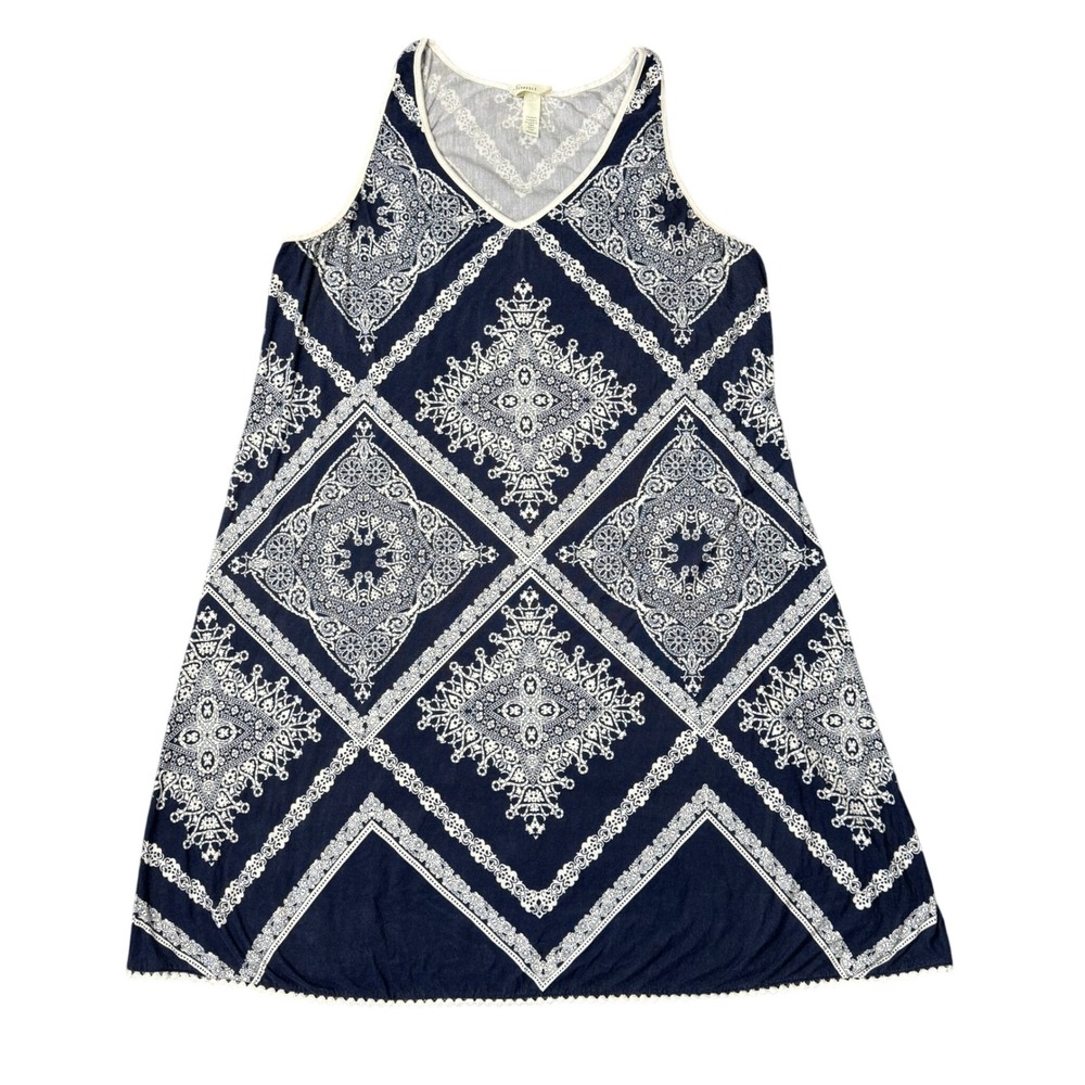 Soma Intimates Navy Blue White Medallion Print Lace Trim Nightgown Chemise Med - Picture 1 of 5